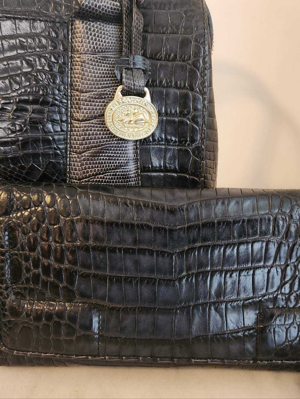 Navy Brahmin Addie Cooper Satchel & Wallet Croc-Embossed Leather Shoulder Bag - Picture 3 of 10